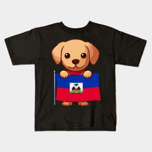 Cute Dog Holding Haiti Flag, Haiti Flag Day Kids T-Shirt